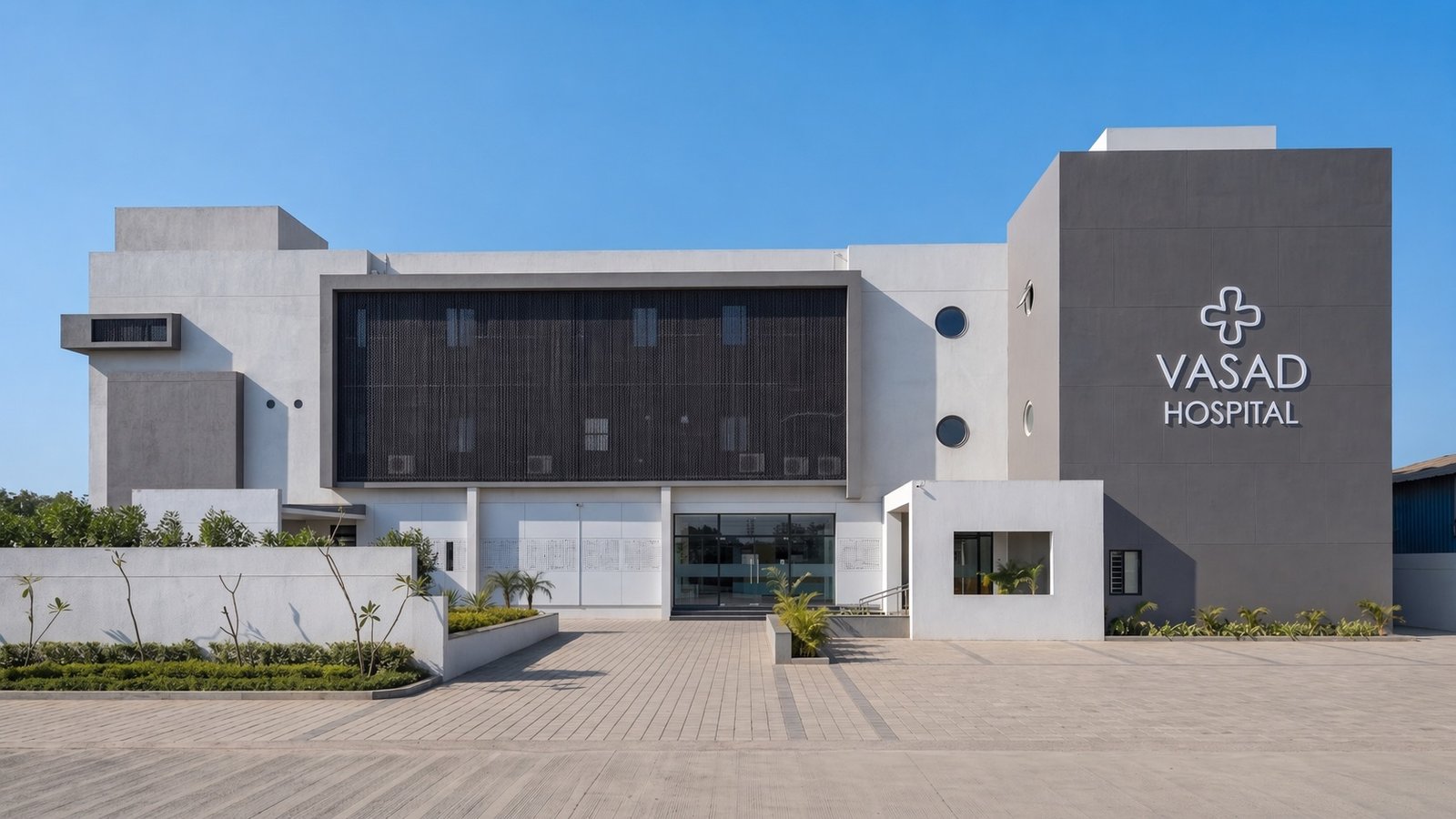 Front view of Vasad Multispeciality Hospital — main building and entrance